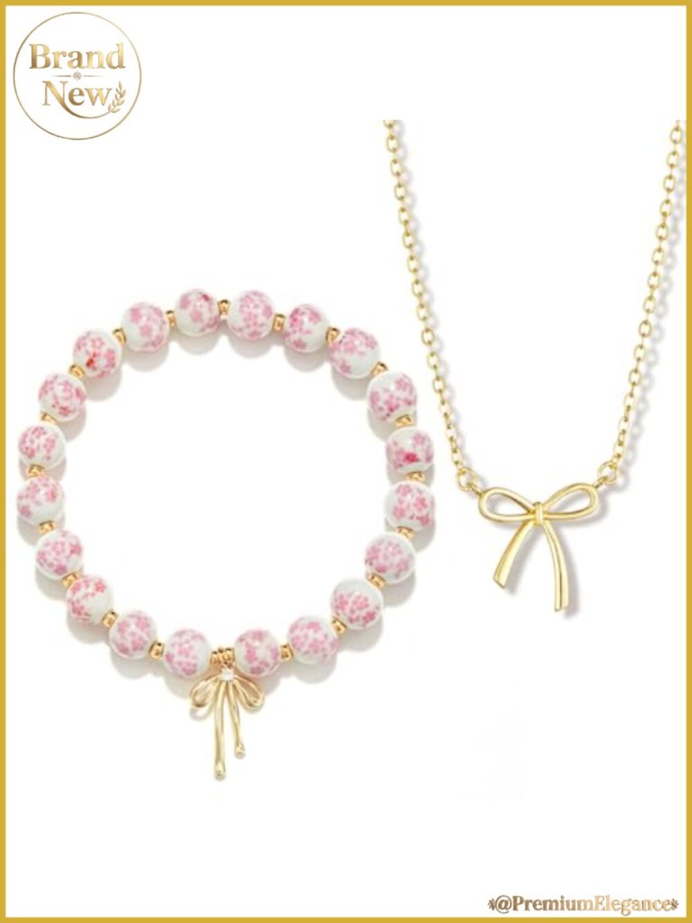 14K Gold Plated Floral Porcelain Bead Bow Bracelet Necklace Jewelry Set